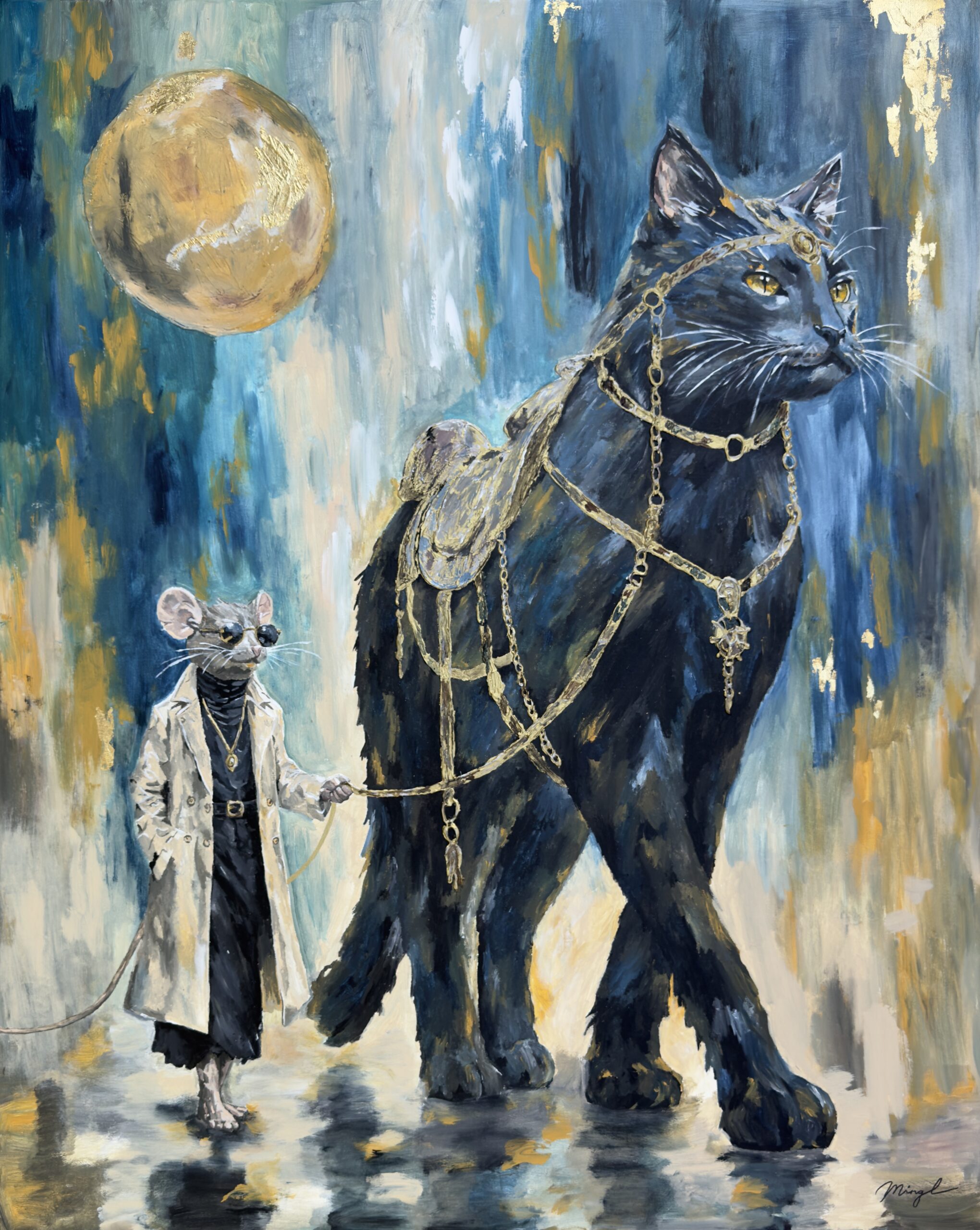 Mondwächter – zeitgenössisches Originalkunstwerk von Mingl, Acryl und Kompositions-Gold auf Leinwand